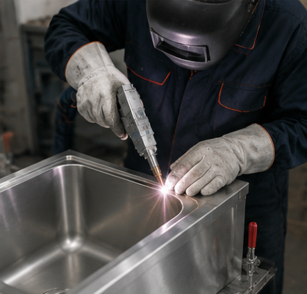 FL-WW welding a stainless steel sink for a Southeast Asian kitchen equipment manufacturer